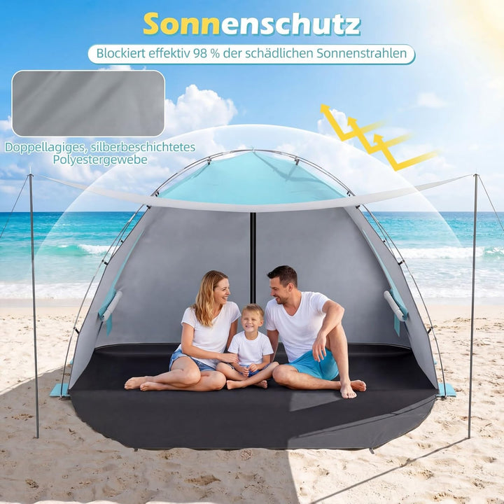 COSTWAY Strandmuschel mit Vordach, Strandzelt UV-Schutz 50+ mit Reissverschlusstüren & Netzfenstern,