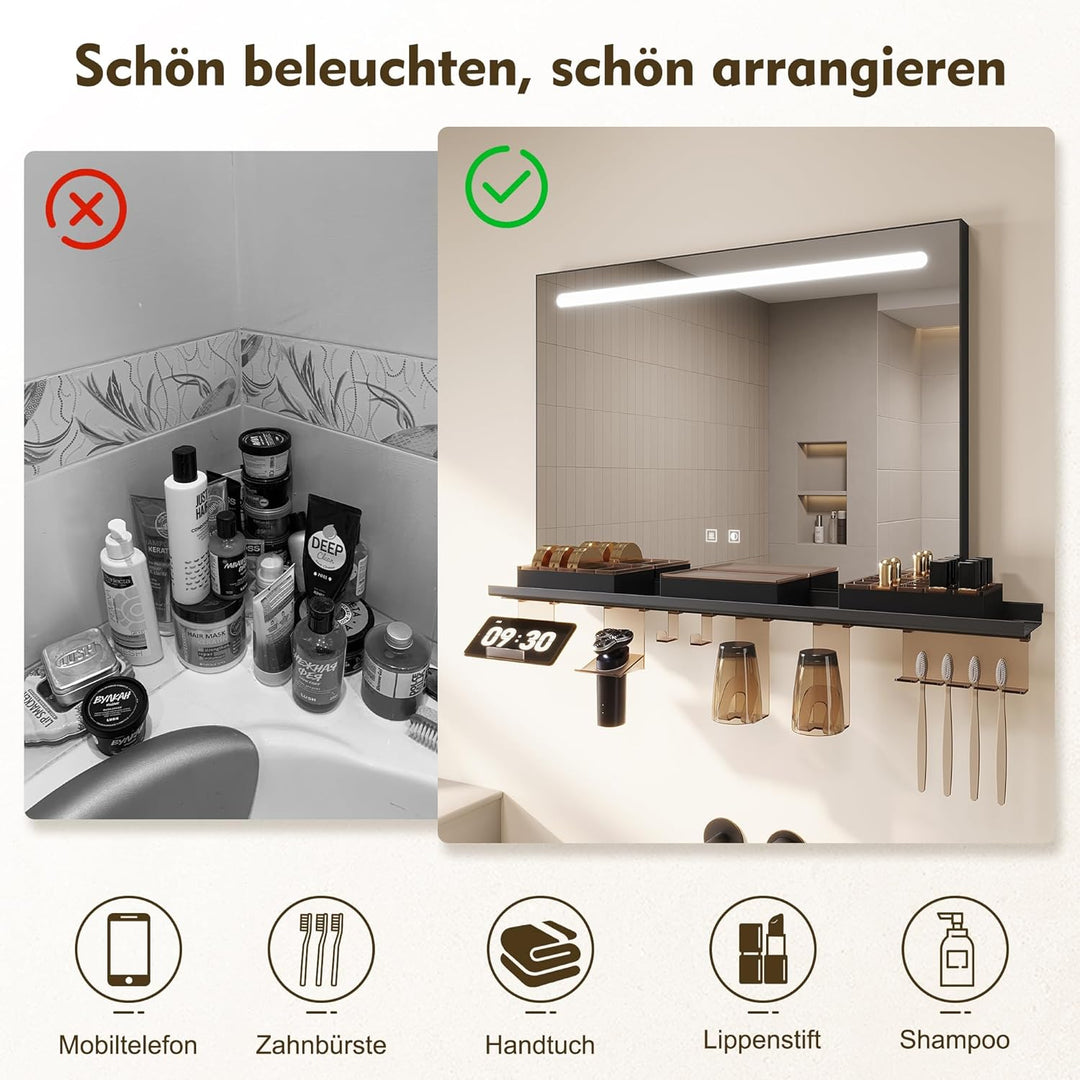 SONNI Badezimmerspiegel mit Beleuchtung 120x60 cm, LED Badspiegel mit Ablage 160cm, 3 einstellbare L