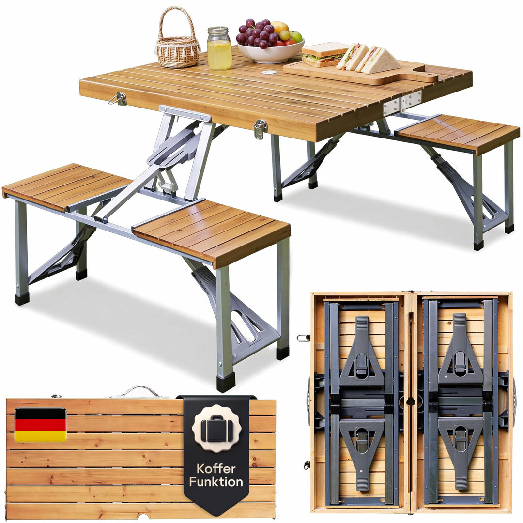 CASARIA® Campingtisch mit Stühlen Klappbar Tragegriff Schirmhalter 4 Personen Picknicktisch Kofferti
