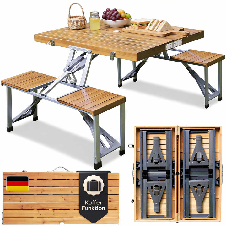 CASARIA® Campingtisch mit Stühlen Klappbar Tragegriff Schirmhalter 4 Personen Picknicktisch Kofferti