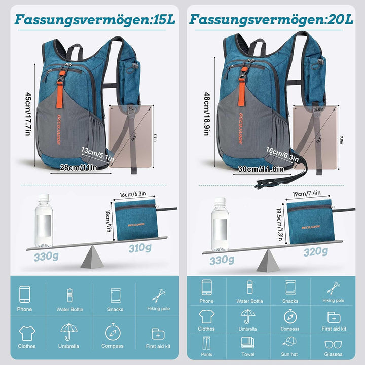 15L Wanderrucksack Herren Kleiner Rucksack Damen Leichter Daypack Tagesrucksack Faltbarer Trekkingru