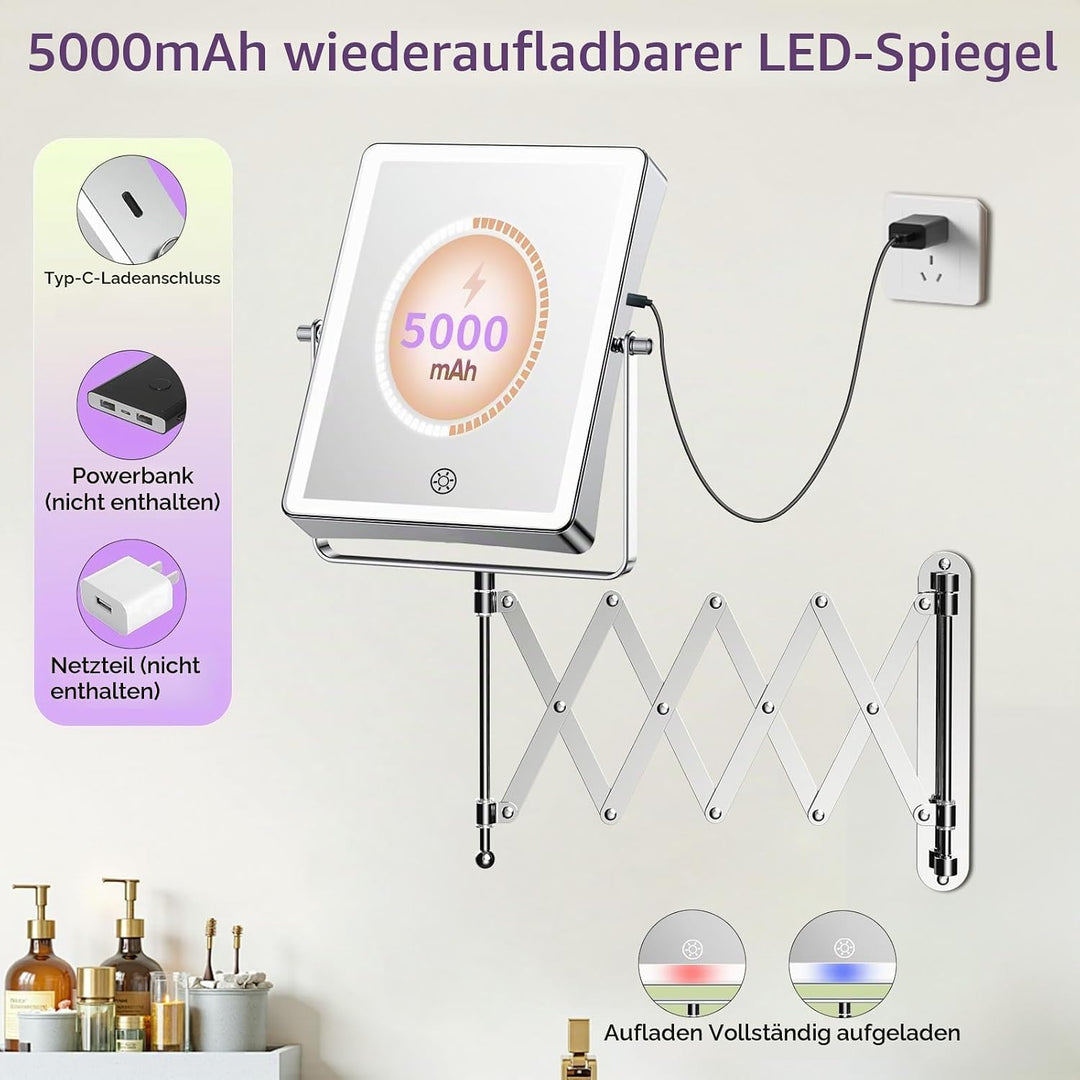 Famihomii 5000mAh Wiederaufladbar Kosmetikspiegel mit LED Beleuchtetung, 8,7 Zoll beidseitig 1X/30X
