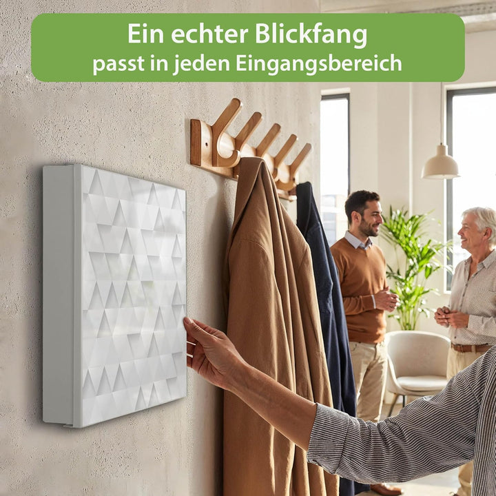 banjado® Grosser Schlüsselkasten Glas/Schlüsselbox 30cm x 30cm mit 50 Haken - Motiv Weisse Dreiecke/