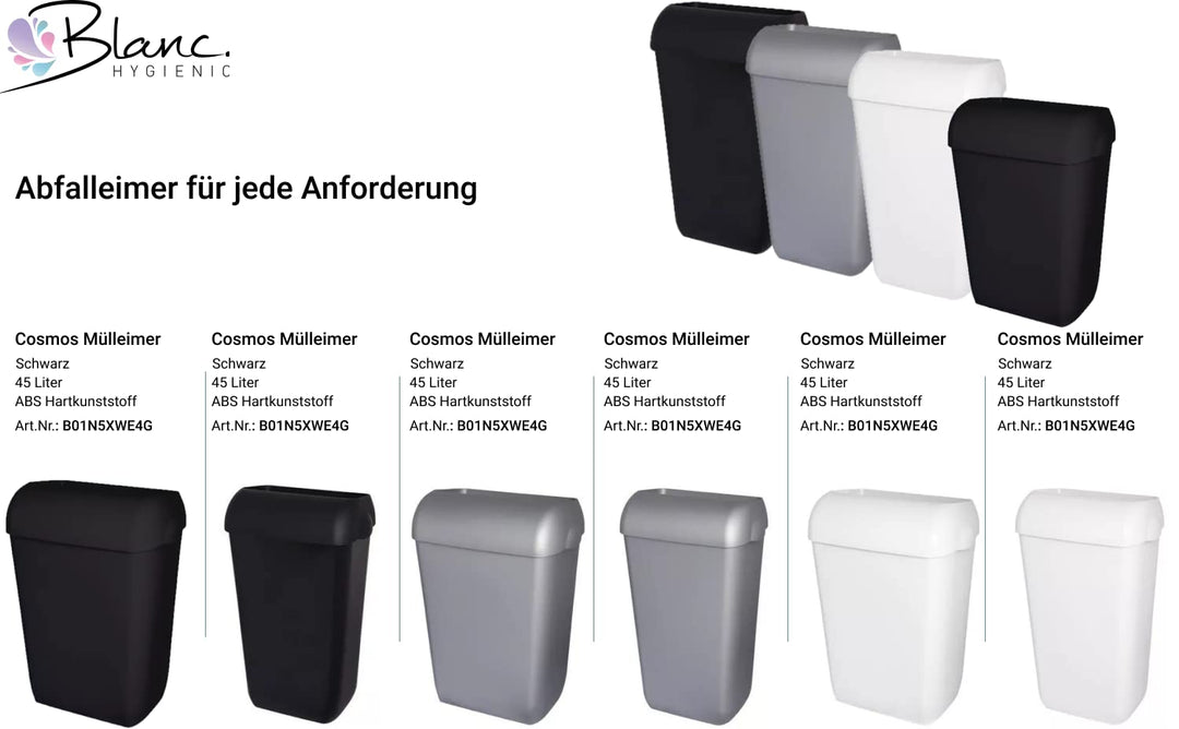 Blanc HYGIENIC Abfallbehälter Premium BIN – Mülleimer mit abnehmbarem Deckel, Abfalleimer 45 Liter,