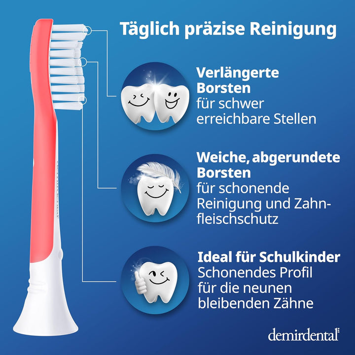 demirdental Kinder Ersatzbürsten passend für Philips Sonicare Kids, Bürstenköpfe ab 7 Jahre, entspri