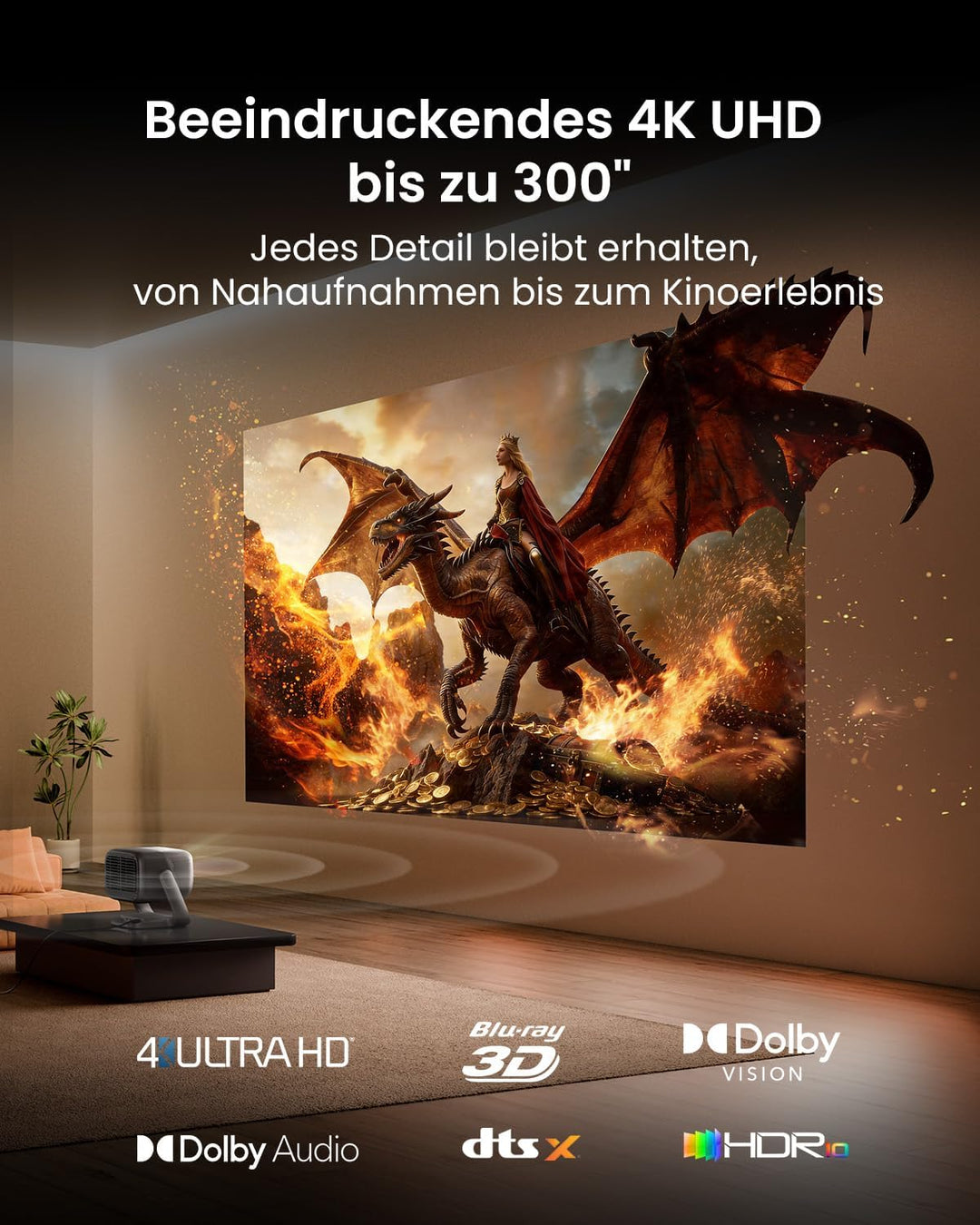 JMGO N3 Ultimate 4K Beamer Triple Laser Heimkino, 5800 ISO Lumen, Google TV mit Netflix, Lens Shift,