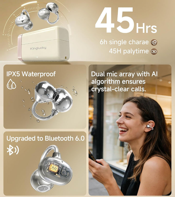 King Lucky Open-Ear Clip-On-Ohrhörer zum Laufen, Bluetooth 6.0 Kabellose Kopfhörer mit Speicherfeder