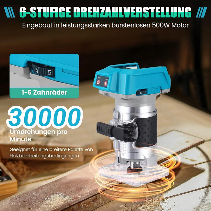 Akku Oberfräse kompatibel mit Makita 18V Akku,1400W Oberfräse Trimmer Einhandfräse Bürstenloser, Hol