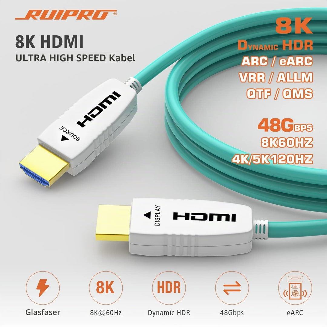 RUIPRO 8K HDMI Glasfaserkabel 25M, Optisches HDMI 2.1 48Gbps 8K@60Hz 4K@120Hz Dynamic HDR eARC Dolby