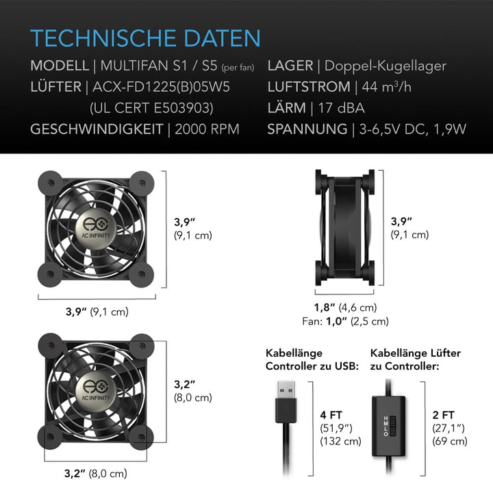 AC Infinity MULTIFAN S5, Leiser Dual-USB-Ventilator, 80mm, UL-zertifiziert, für Receiver, DVR, Plays
