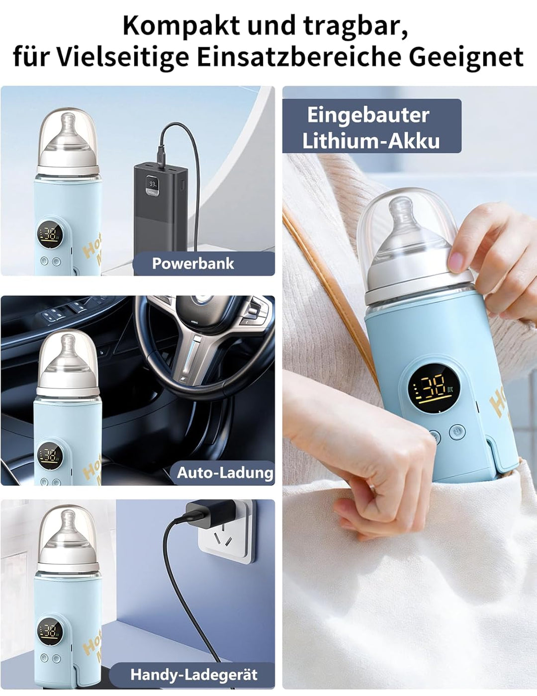 Flaschenwärmer Baby, Babyflaschenwärmer mit 8000mAh Akku, 6 Temperaturstufen 38-50℃, LED-Anzeige &amp; N