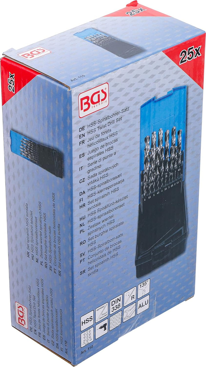 BGS 110, HSS-Spiralbohrer-Satz, 25-tlg., 1 - 13 mm, inkl. Kassette, Metall-Bohrer HSS | Spitzen mit