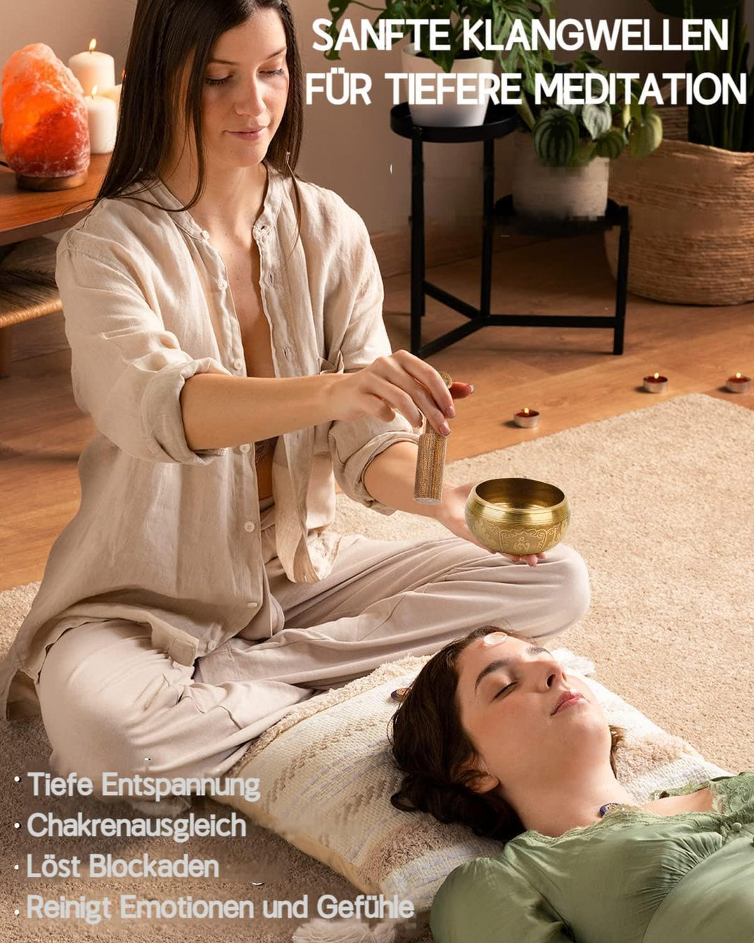 Hihealer Tibetanische Klangschalen-Set 100% Handgefertigt in Nepal, Grosse Klangschale mit Anleitung