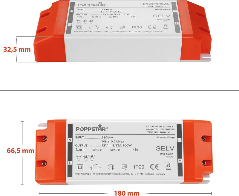 Poppstar LED Trafo Transformator 230V AC / 12V DC 8,33A für 1W bis 100 Watt LEDs 12V DC 8.33A 100W,