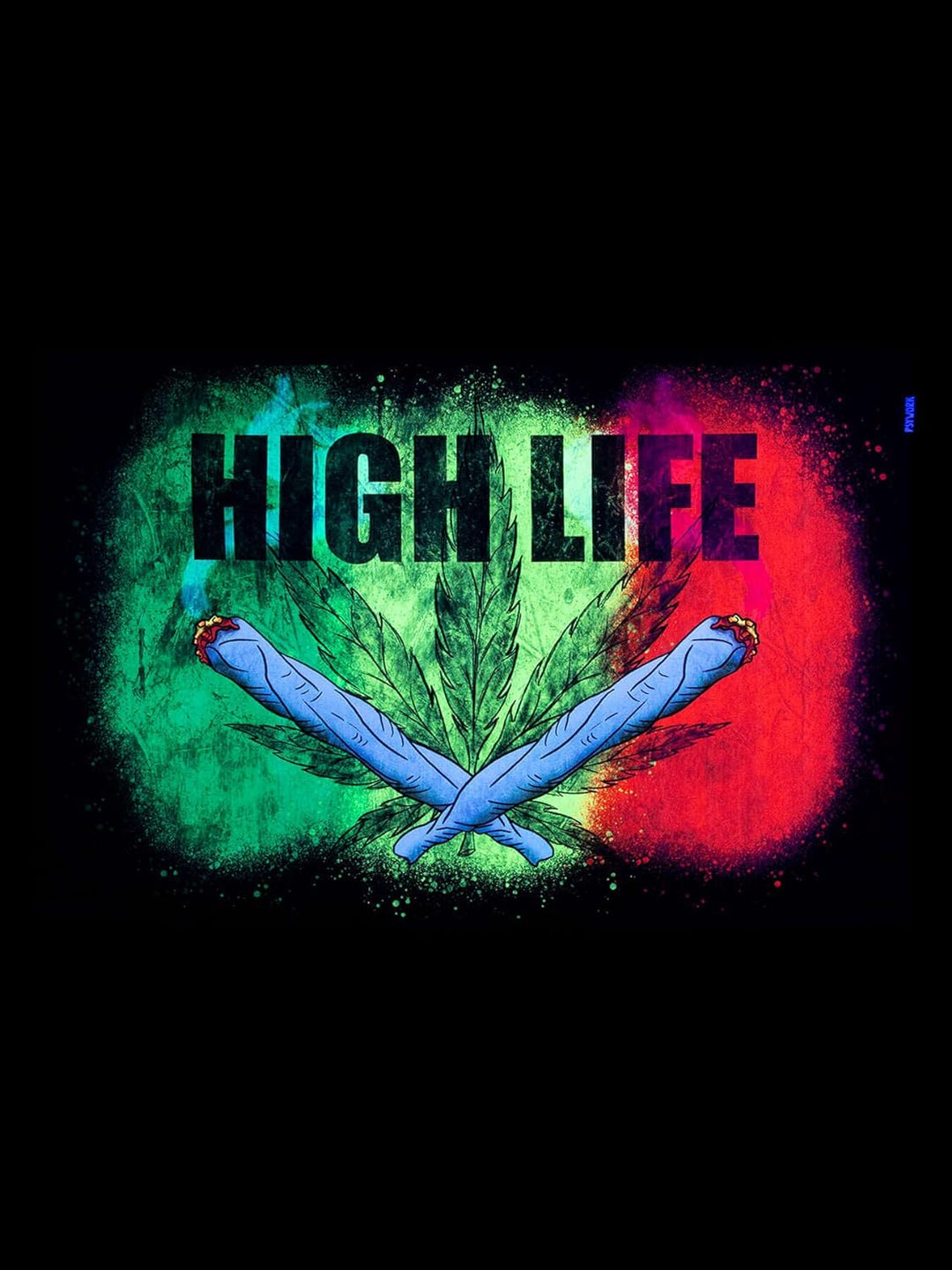 PSYWORK Schwarzlicht Stoffposter Neon | Joint Ganja High Life | 0,6 x 0,9m | UV-aktiv | fluoresziere
