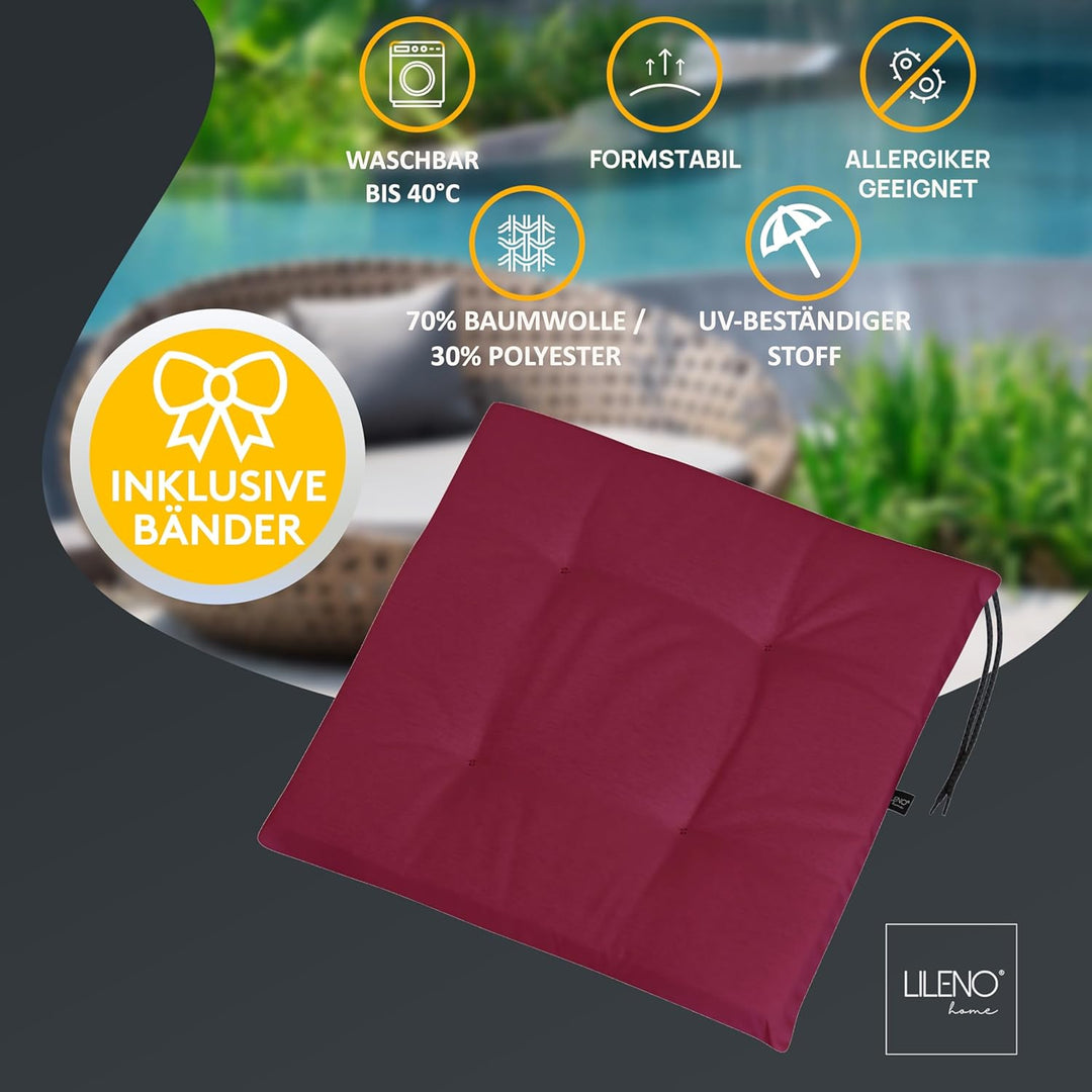 LILENO HOME 2er Set Stuhlkissen Bordeaux (40x40x4,5 cm) - Sitzkissen für Gartenstuhl, Küche oder Ess