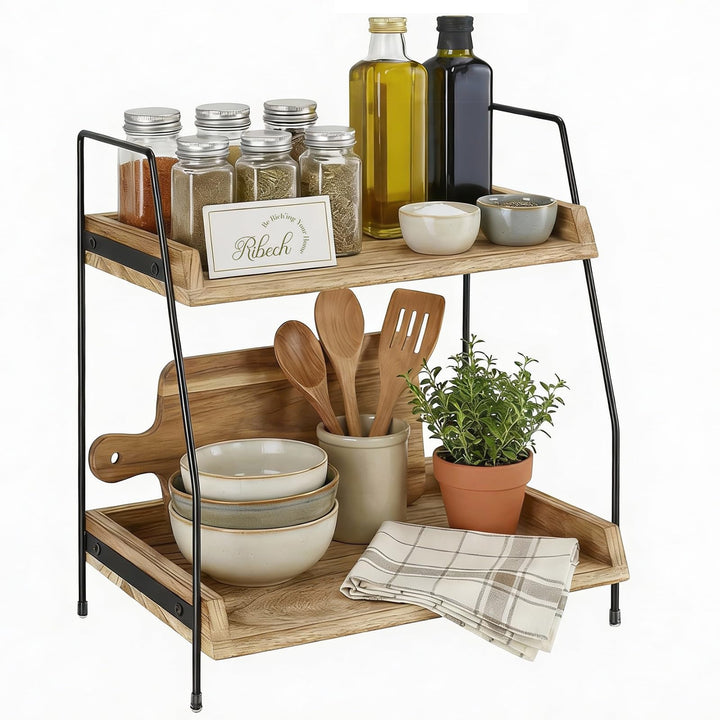 2-stufiges Organizer-Regal aus Holz & Metall | Kaffee- und Küchenregal mit Arbeitsplatte | Für Kosme
