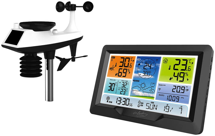 infactory Grosse Wetterstation XXL: Funk-Wetterstation mit XL-Farbdisplay, Aussensensor und Wecker (