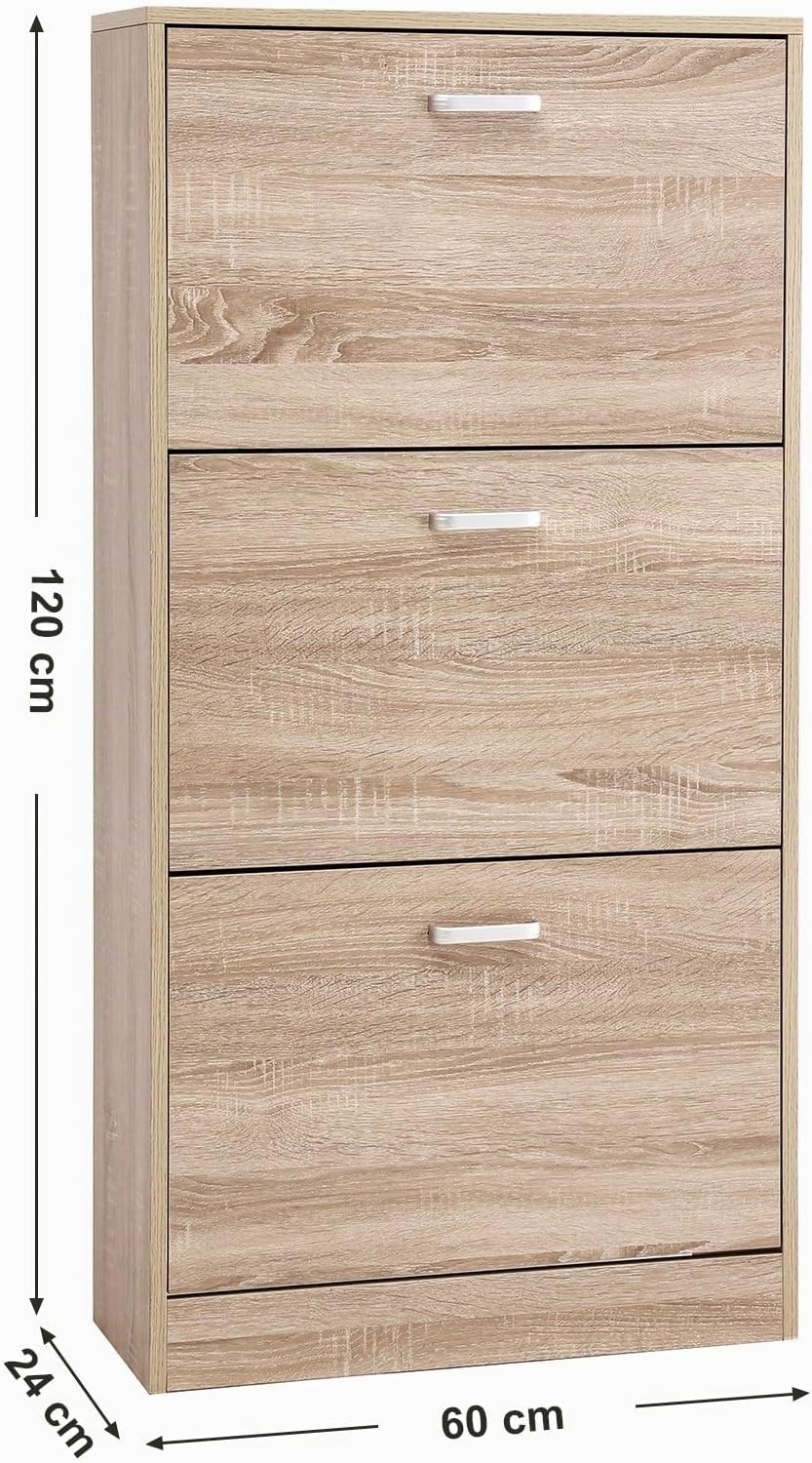 VASAGLE Schuhschrank mit 3 Klappen Schuhregal Schuhkipepr Schuhkommode Eichenfarben verstellbar 60 x