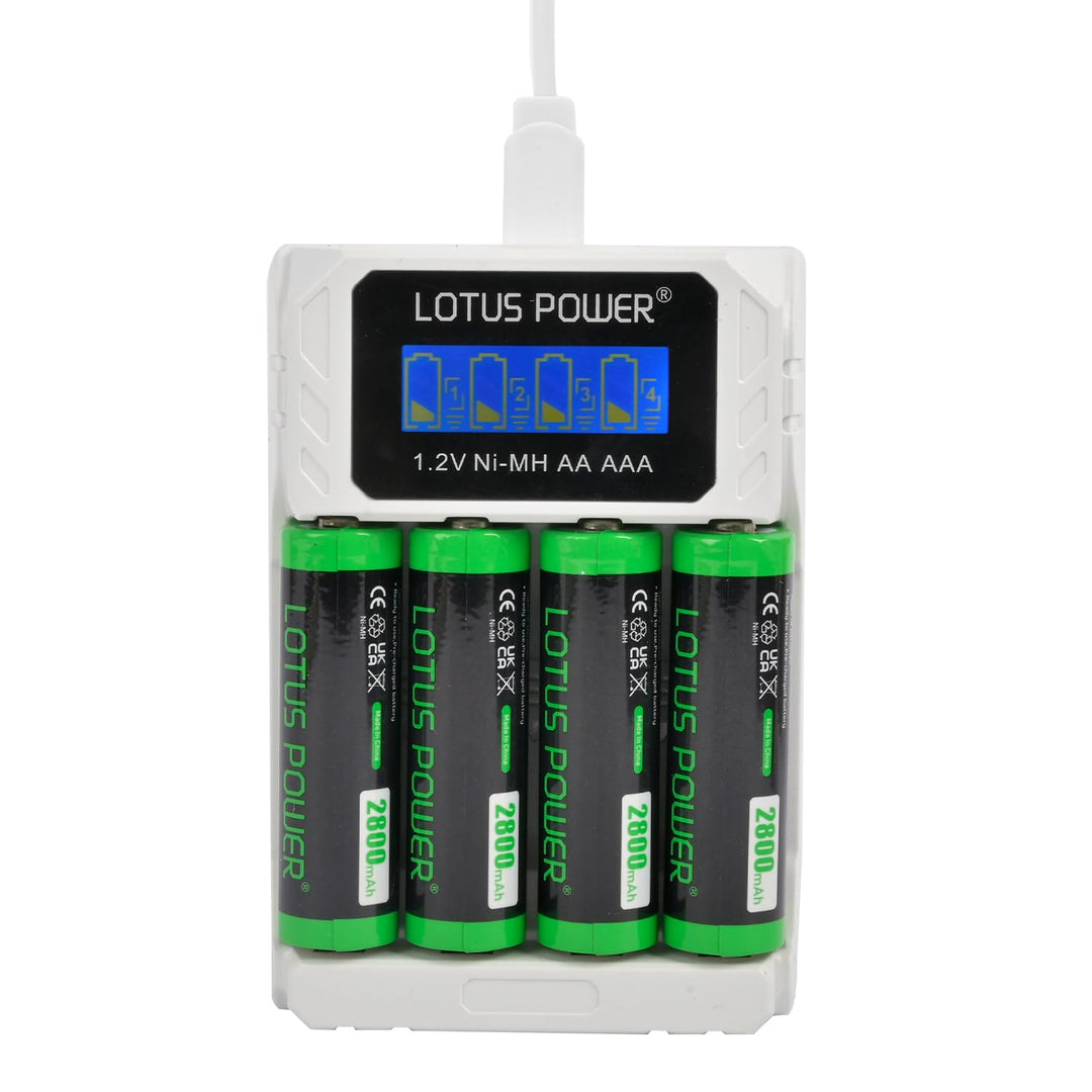LOTUS POWER Universal 4 Schacht ladegerät & 1.2 V NI-MH AA Batterie Set, AA AAA Ladegerät mit Wieder