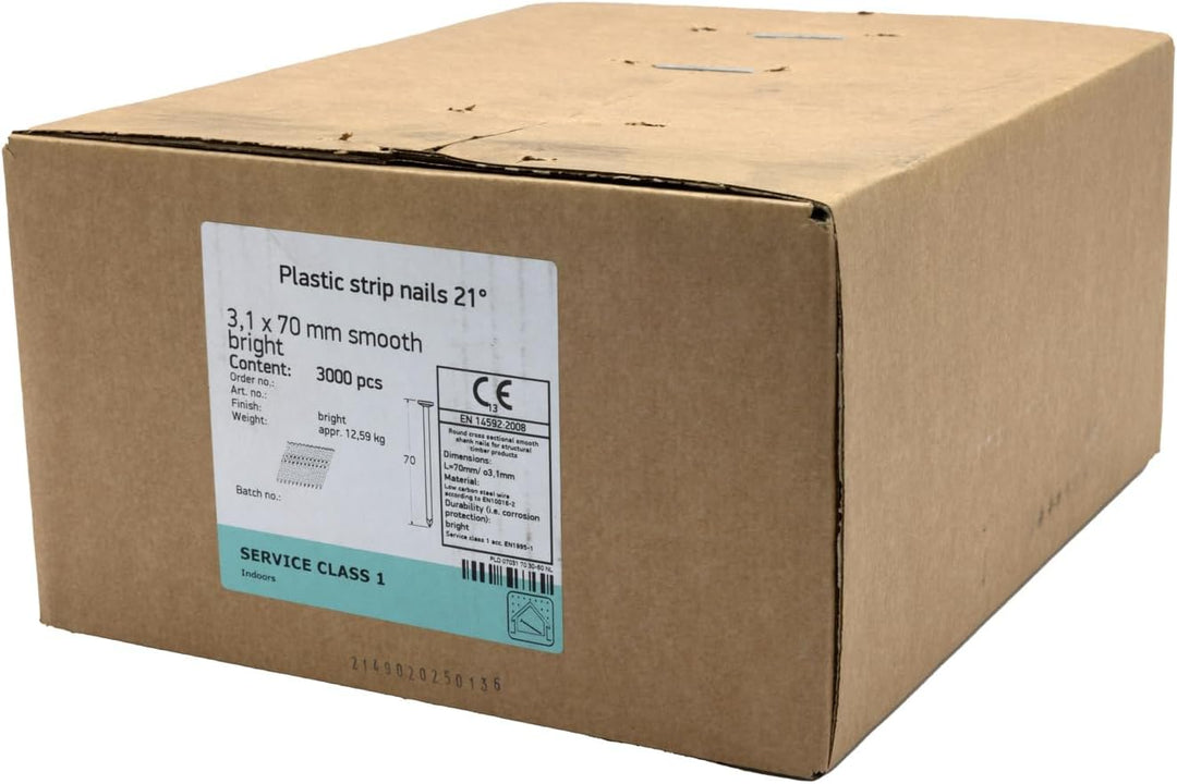 21° Rundkopf Streifennägel - 3,1X70mm, 3.000 stück, Nägel für Druckluft-Nagler, Glatt/verzinkt, für