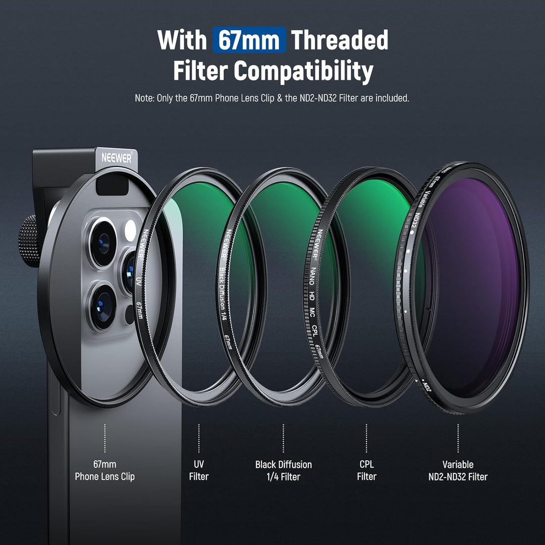 Neewer 67 mm Variables ND2-ND32 Handy-Objektivfilter-Set, Handy-Clip mit Gewindeadapterring/Kaltschu
