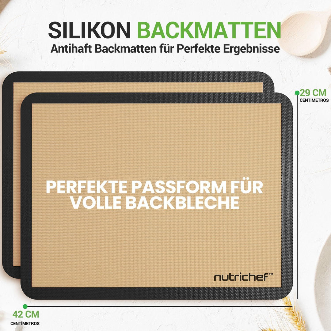 NutriChef Silikon Backmatten – 2er Set, Schwarz 42 x 28 cm - Dauerbackfolie BPA-frei, Antihaft, Spül