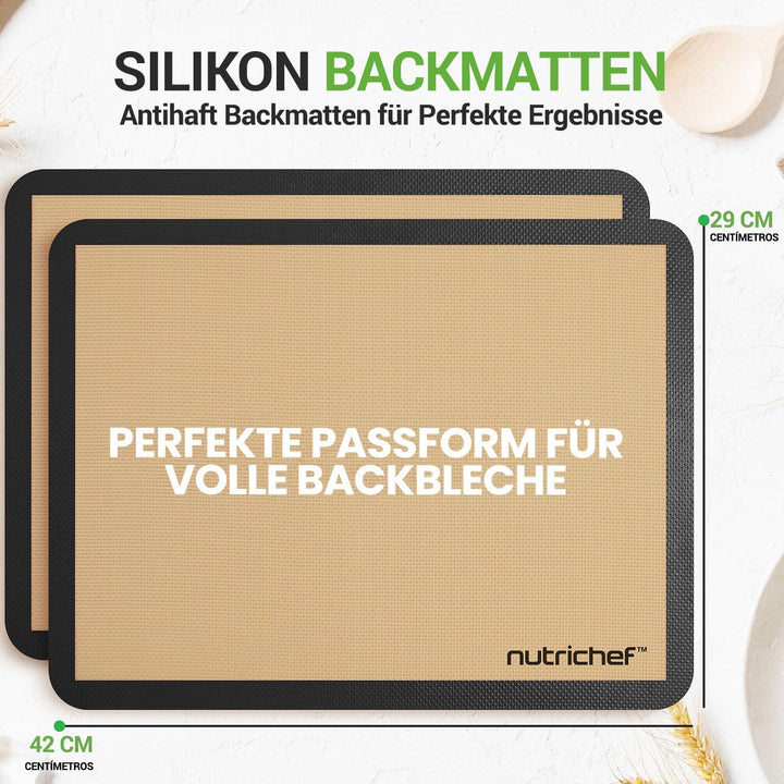 NutriChef Silikon Backmatten – 2er Set, Schwarz 42 x 28 cm - Dauerbackfolie BPA-frei, Antihaft, Spül