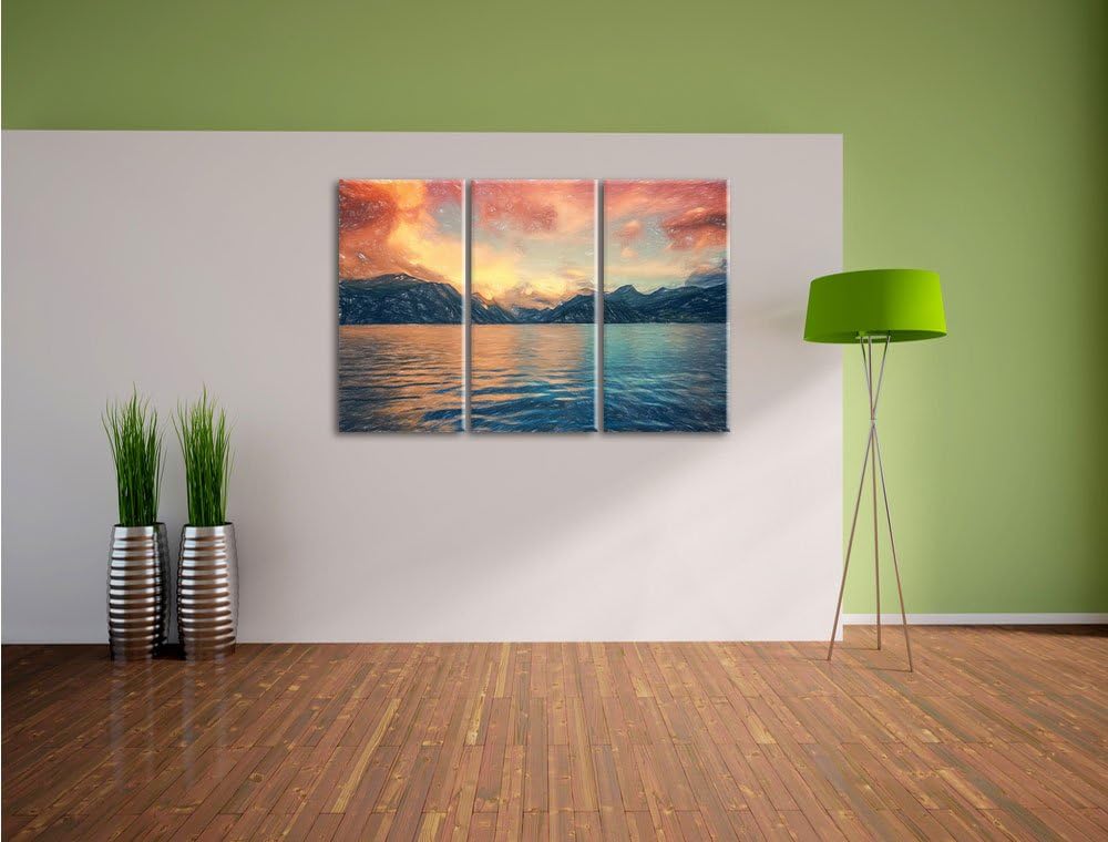 Pixxprint eine schöne Landschaft im Norden Kunst Buntstift Effekt 3-Teiler Leinwandbild 120x80 Bild