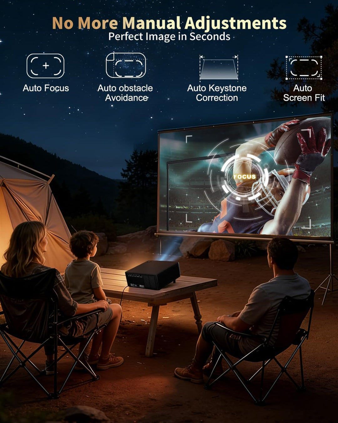Projektor, Dess 4K-Projektor mit WLAN und Bluetooth, 1080 P nativ, Laser mit Autofokus-Keystone, für