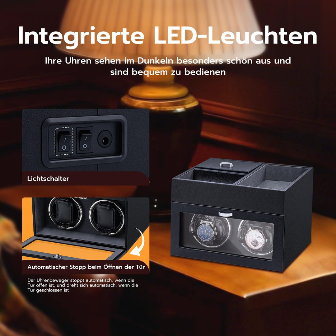 Mcbazel Multifunktionaler Uhrenbeweger für 2 Uhren, automatische Uhrenanzeige LED-Licht Schmuckaufbe