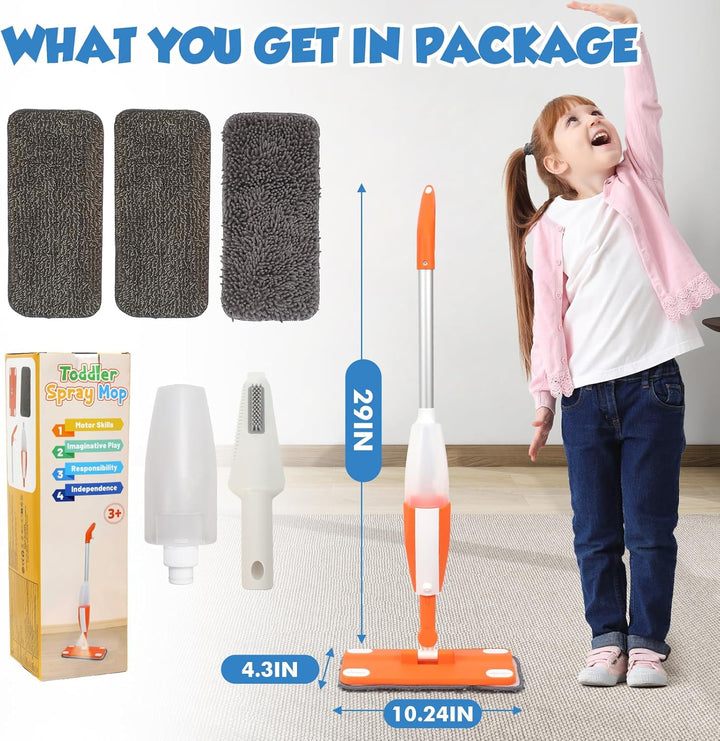 Wdmiya Kinder Sprühmopp mit Sprühfunktion, Kinderspielwischer mit Echtem Wassersprüher & 3 Waschbare