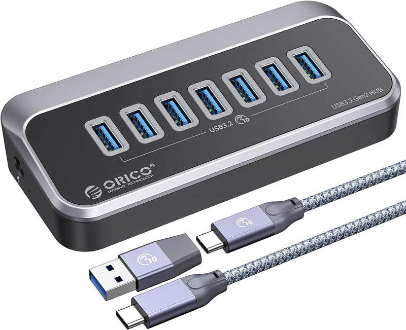 USB C Hub, ORICO 7 Port USB 3.2 Gen 2 Hub, 10Gbps, ABS USB Splitter mit 0,5 M Datenkabel, USB Vertei