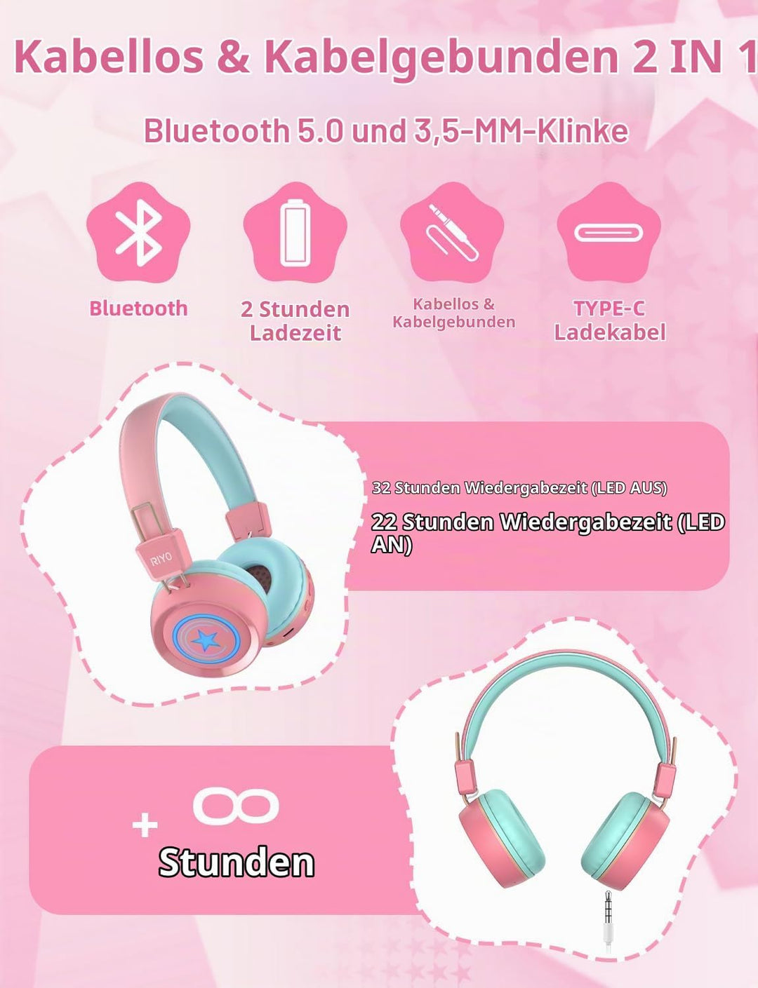 riyo Bluetooth Kopfhörer Kinder, Kinderkopfhörer Kabellos mit LED-Leuchten Bluetooth 5.0 Kinder Kopf
