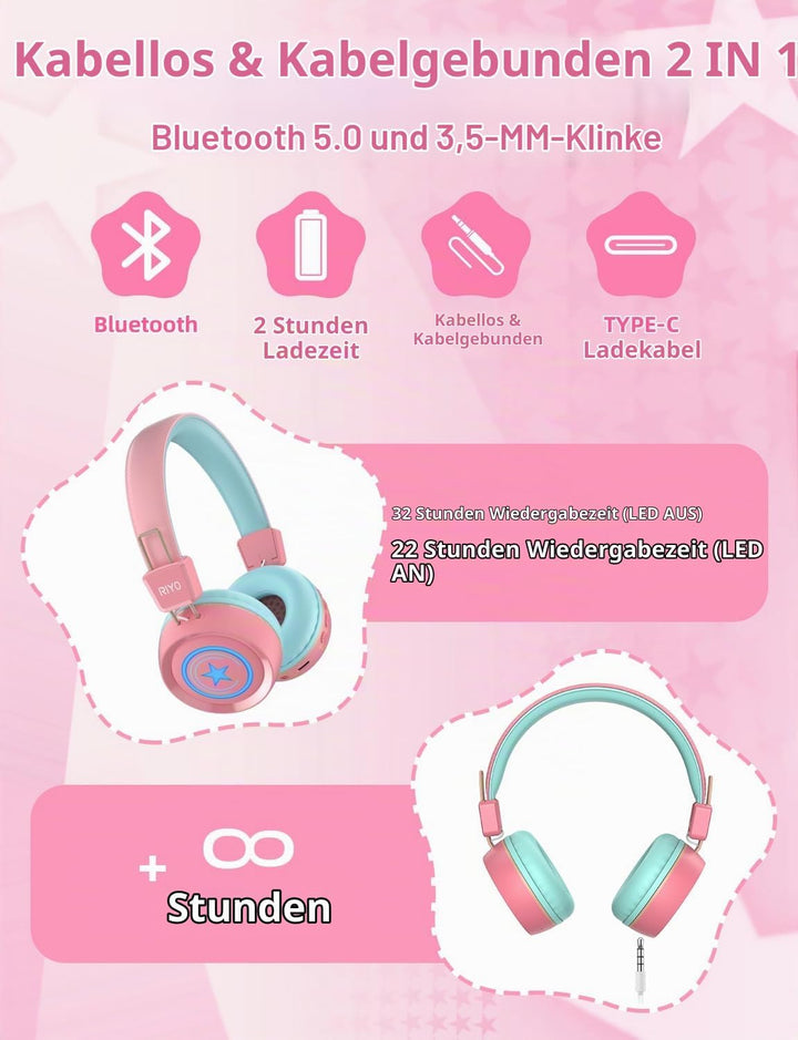 riyo Bluetooth Kopfhörer Kinder, Kinderkopfhörer Kabellos mit LED-Leuchten Bluetooth 5.0 Kinder Kopf