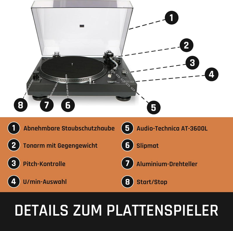 Lenco L-3808 USB DJ-Plattenspieler mit Direktantrieb - 33/45 U/min - Pitch-Control - Magnet-Tonabneh