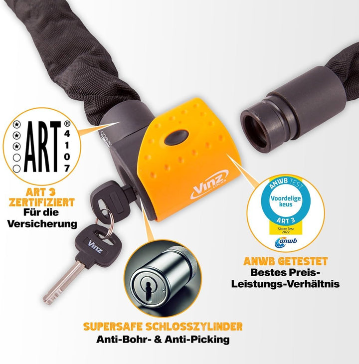 VINZ Jannu Kettenschloss ø10mm | ART 3 Zertifikat | Schloss für Roller E-Scooter Motorrad Moped E-Bi