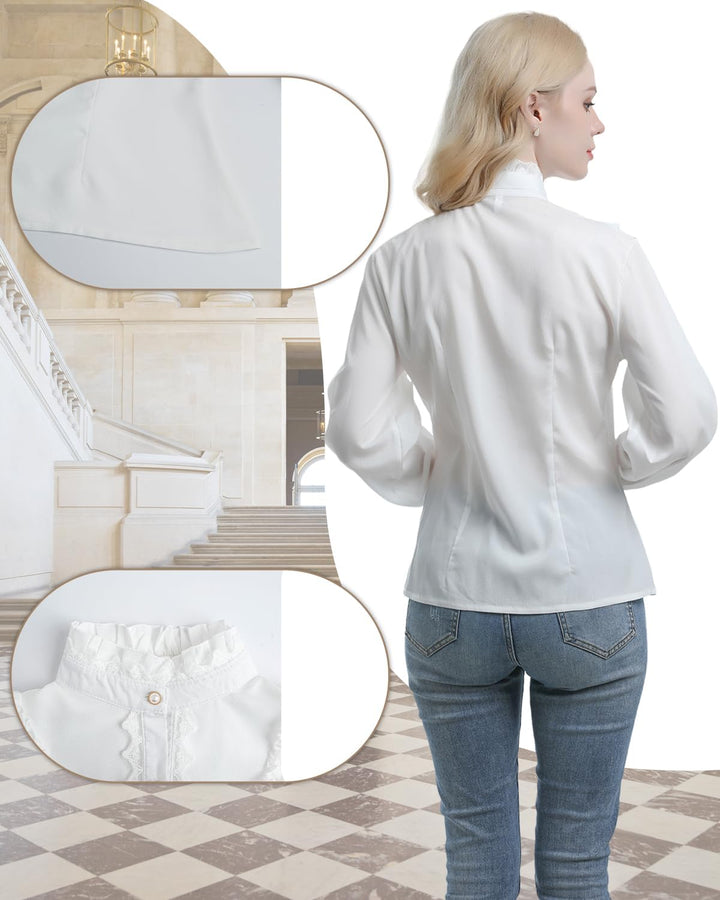 CR ROLECOS Viktorianische Bluse Damen Stehkragen Damen Mittelalter Rüschenbluse Vintage Bluse Weiss