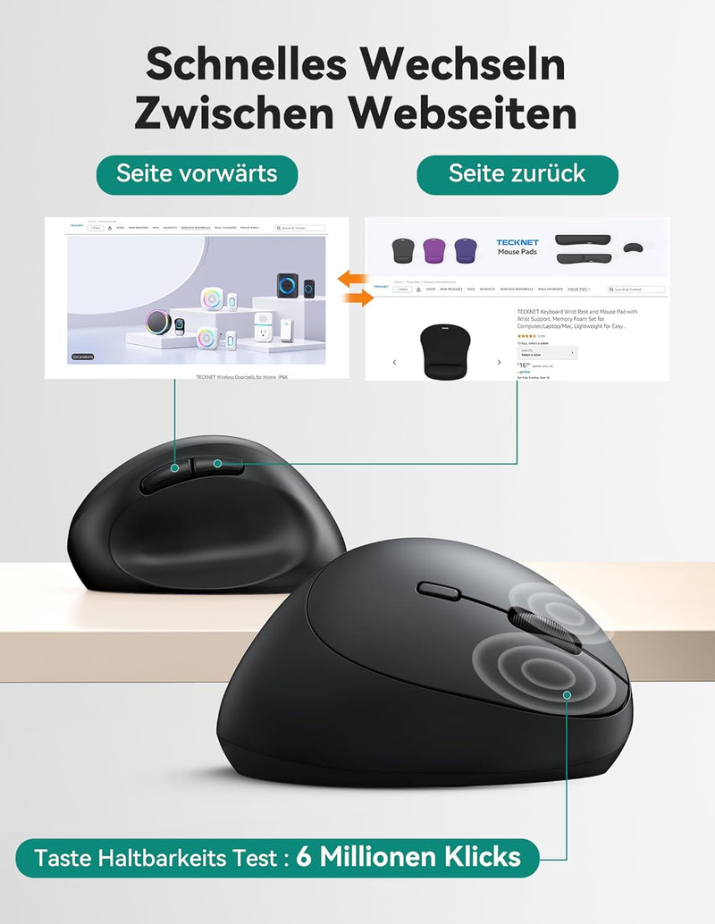 TECKNET Ergonomische Maus Kabellos, 4800 DPI Vertikale Maus, 99% Lärmminderung, 6 Tasten, 2.4G Compu