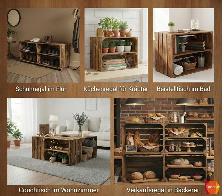 Teramico Massive Holzkisten als Schuhregal Bücherregal LEICHT GEFLAMMT mit Zwischenbrett (verschraub