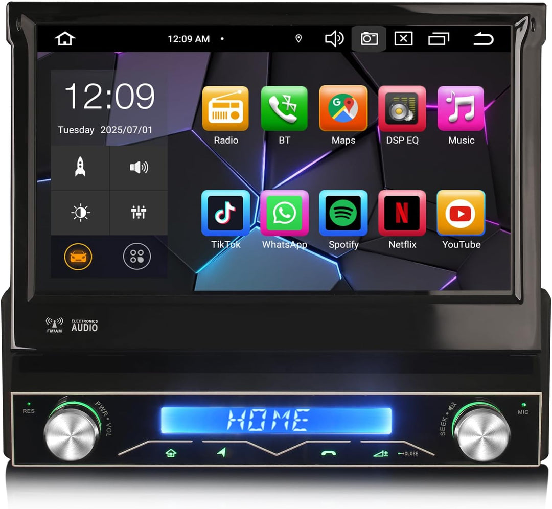 8-Kern Android 14 Universal Autoradio 1 Din GPS Sat mit 7" Motorisierter Bildschirm Kabelloses Carpl