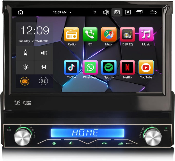 8-Kern Android 14 Universal Autoradio 1 Din GPS Sat mit 7" Motorisierter Bildschirm Kabelloses Carpl
