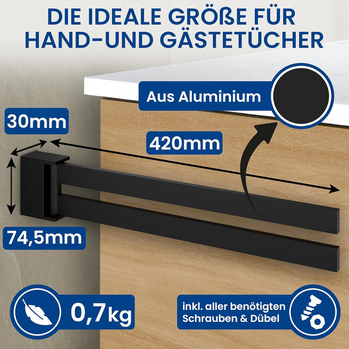 rtmr Handtuchhalter Wandmontage & Schrankmontage, 2-armig, schwenkbar, schwarz matt, Premium Gästeha