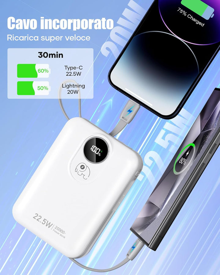 20.000 mAh Powerbank mit integrierten Kabeln: Externer Akku mit 22,5 W Schnellladung für Handy, USB