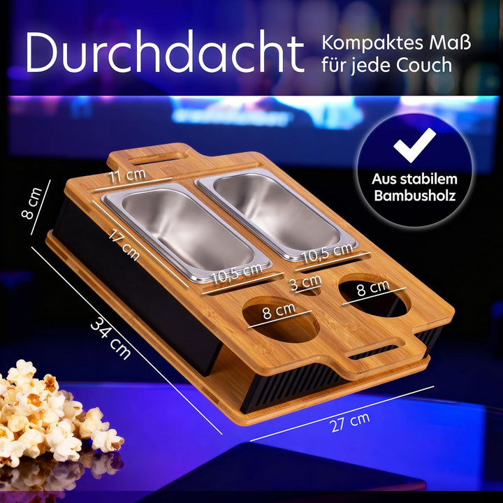 AH® Couchbar Snackbox mit Leuchteffekt – Bambus Sofa Tablett mit 2 Edelstahl-Schalen, Handy- & Geträ