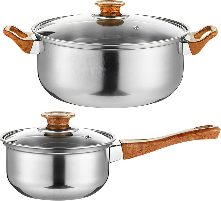 Retoo Topfset Edelstahl 12-teilig, Kochtopfset mit Glasdeckel & braunen Griffen, Töpfe Pfanne Wasser