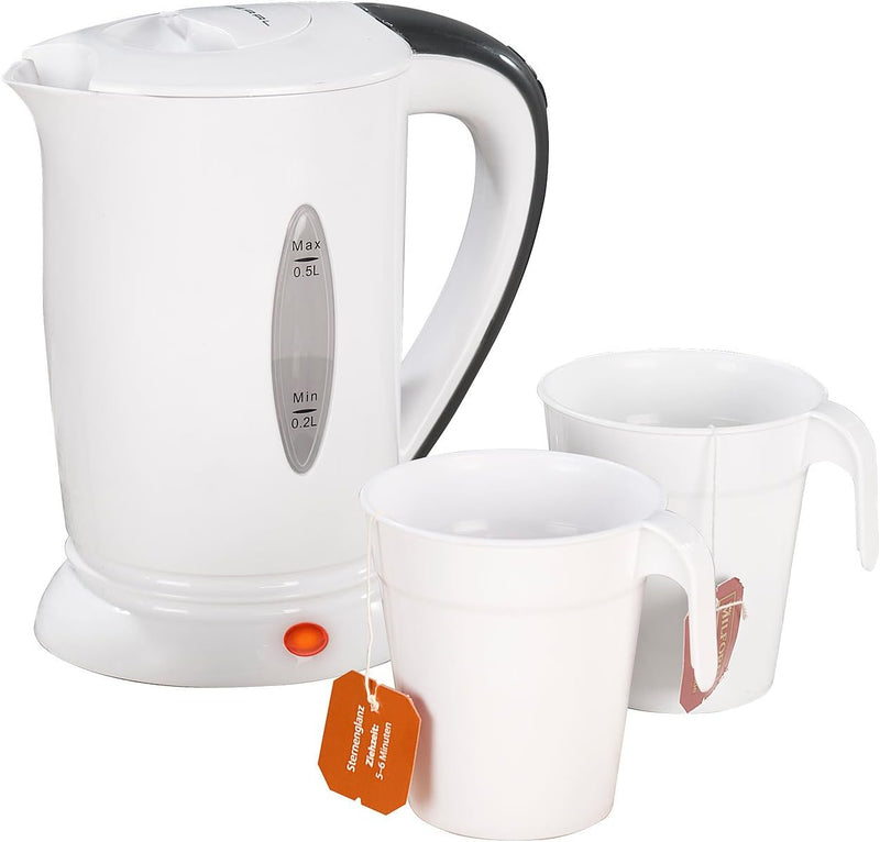PEARL Reisewasserkocher klein: Reise-Wasserkocher mit 2 Bechern, 110/230 Volt, 650 Watt, 500 ml (Min