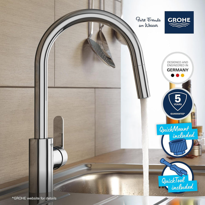 GROHE Get | Küchenarmatur - Einhand-Spültischbatterie, mit herausziehbarer Dual Spülbrause | C-Ausla