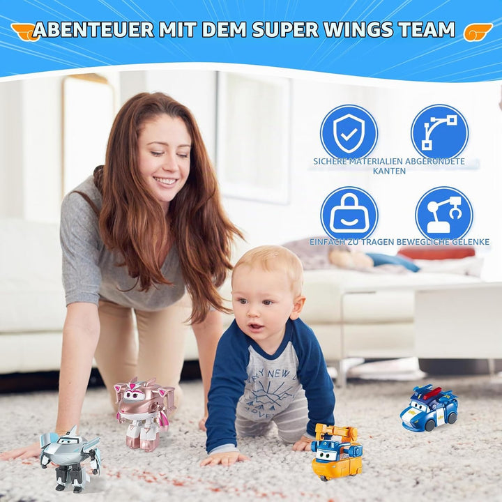 Super Wings Transforming Figuren 4 Pack, 5 cm Lucie &amp; Marty &amp; Traver &amp; Golden Girl, Roboter zu Flugz