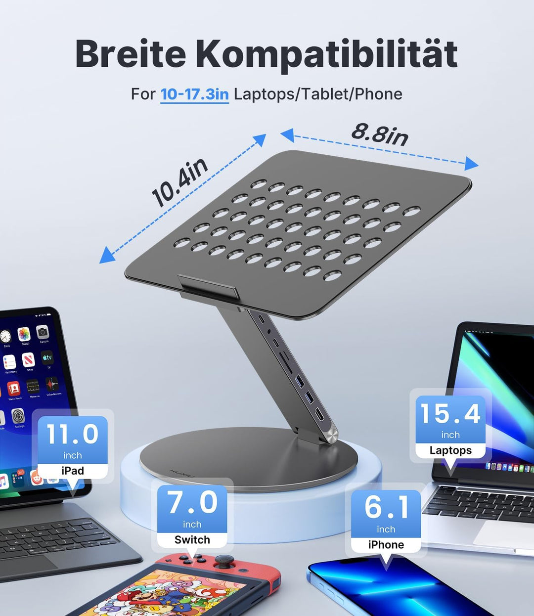 KU XIU Verstellbar Laptop Ständer mit 8-in-1 Dockingstation, Aluminium Laptop Halterung mit USB HUB